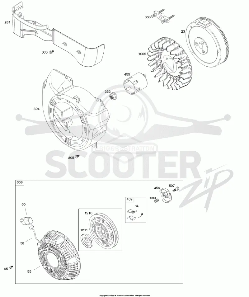 Blower Housing, Flywheel, Rewind Starter