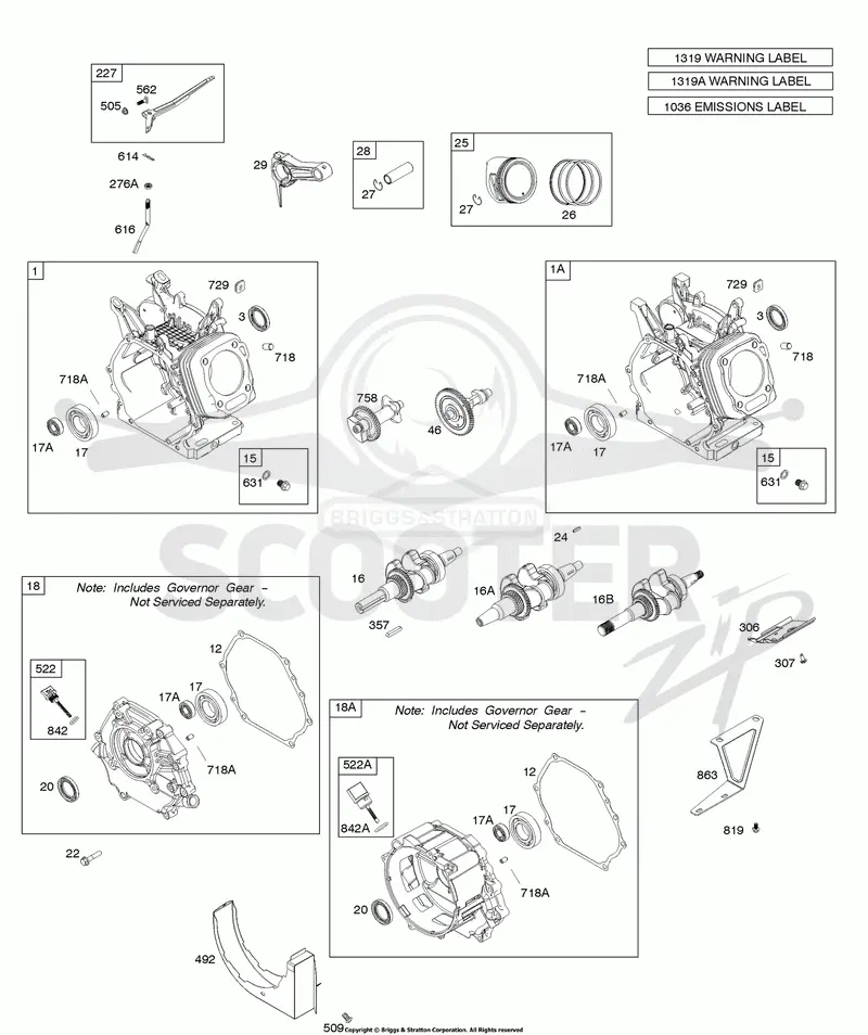Camshaft, Crankcase Cover, Crankshaft, Cylinder, Exhaust Bracket, Piston/Rings/Connecting Rod, Warning Label
