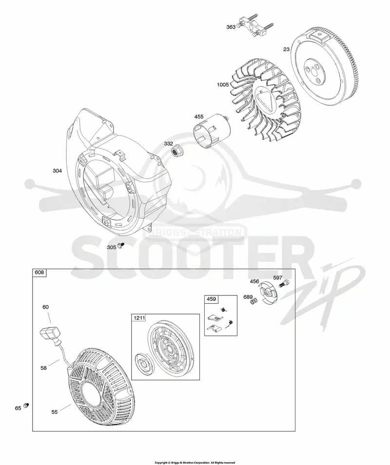 Blower Housing, Flywheel, Rewind Starter
