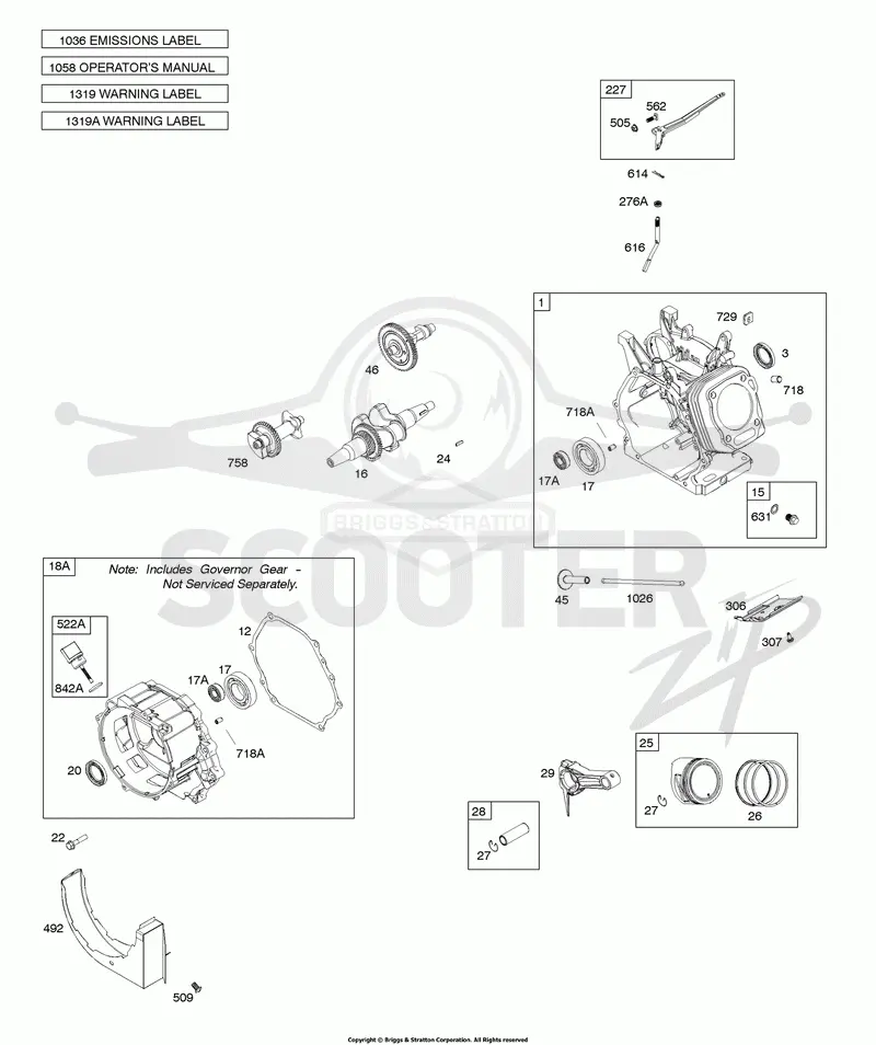 Camshaft, Crankcase Cover, Crankshaft, Cylinder, Exhaust Bracket, Operators Manual, Piston/Rings/Connecting Rod, Warning Label