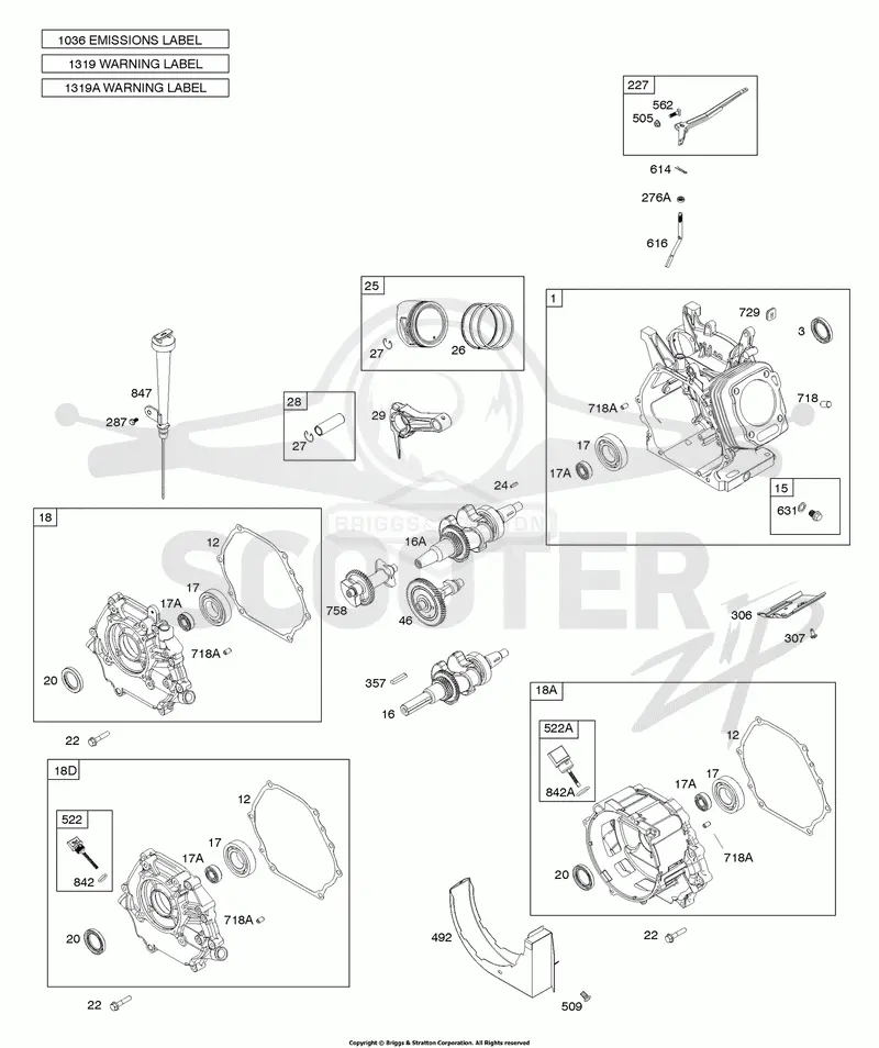 Camshaft, Crankcase Cover, Crankshaft, Cylinder, Piston/Rings/Connecting Rod, Warning Label