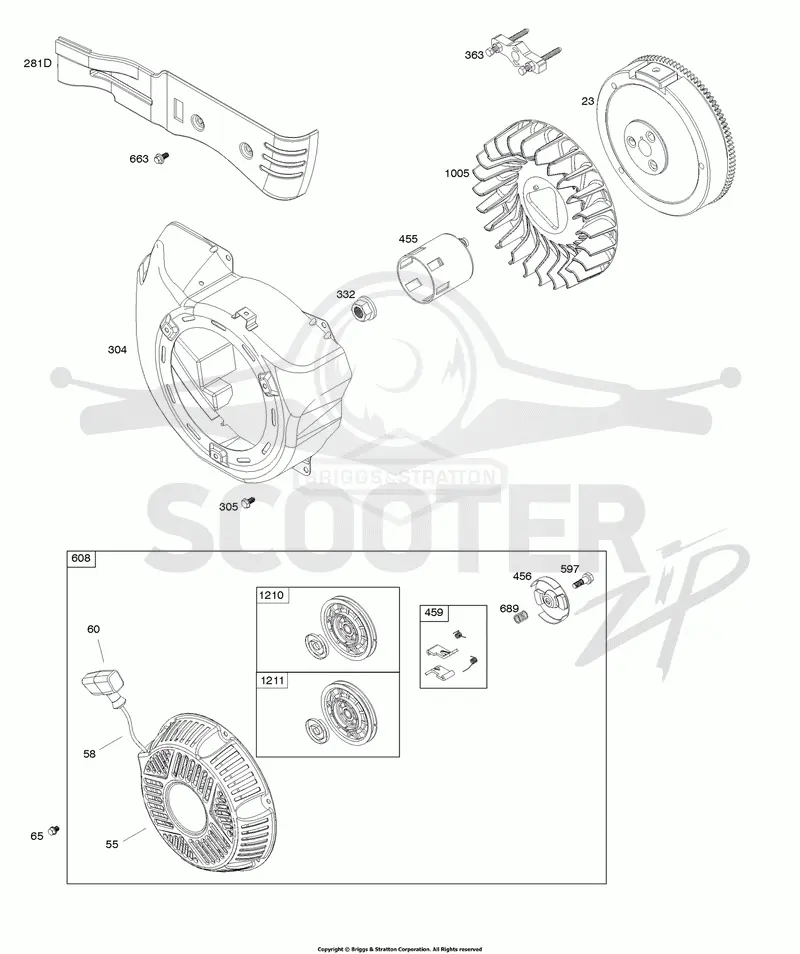 Blower Housing, Flywheel, Rewind Starter