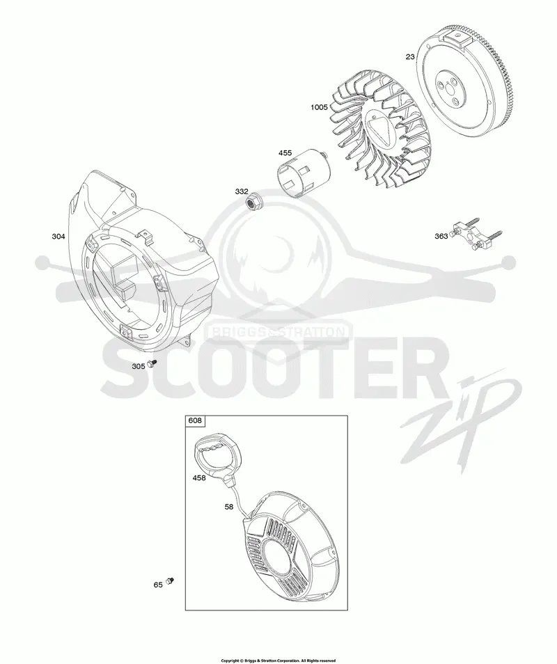 Blower Housing, Flywheel, Rewind Starter