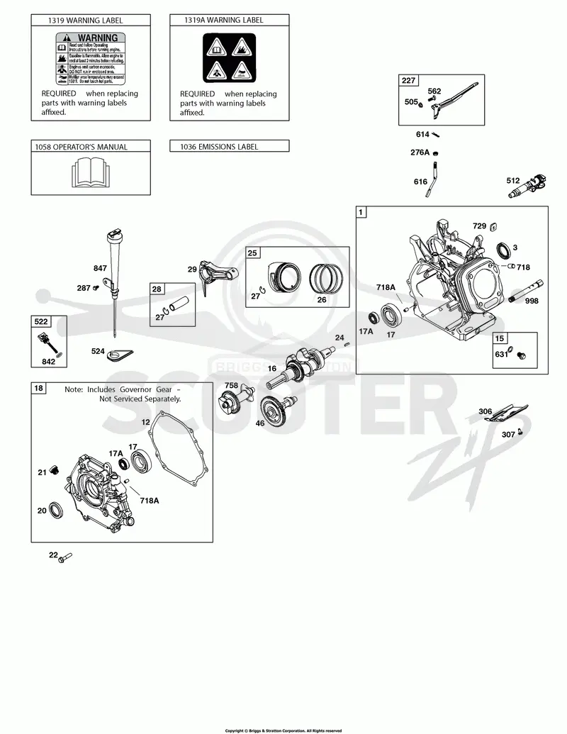 Camshaft, Crankcase Cover, Crankshaft, Cylinder, Lubrication, Operators Manual, Piston/Rings/Connecting Rod, Warning Label