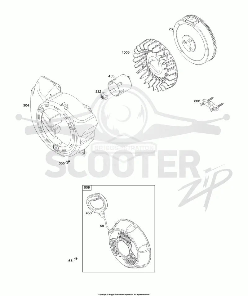 Blower Housing, Flywheel, Rewind Starter