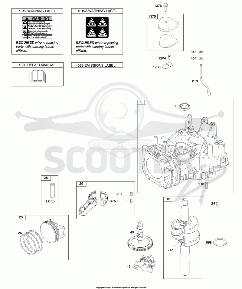 Camshaft, Crankshaft, Cylinder, Operators Manual, Piston/Rings/Connecting Rod, Warning Label