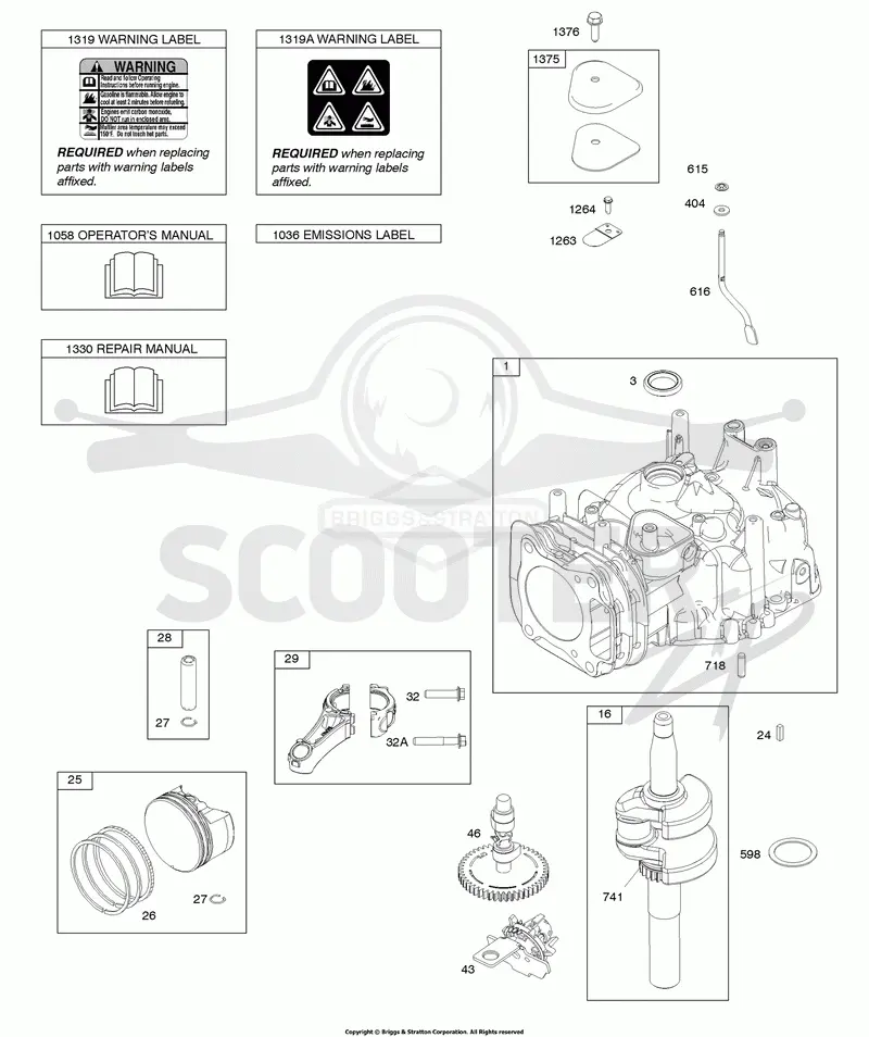 Camshaft, Crankshaft, Cylinder, Operators Manual, Piston/Rings/Connecting Rod, Warning Label