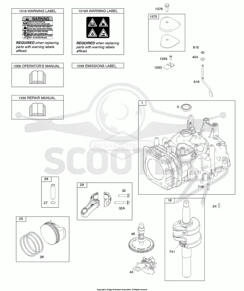 Camshaft, Crankshaft, Cylinder, Operators Manual, Piston/Rings/Connecting Rod, Warning Label