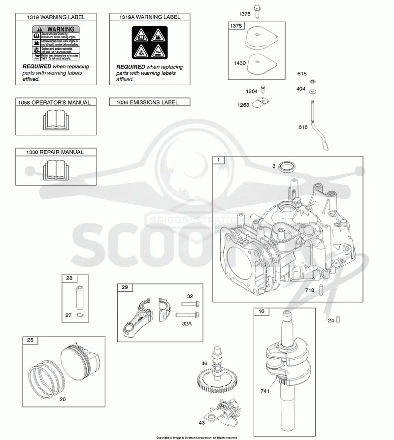 Camshaft, Crankshaft, Cylinder, Operators Manual, Piston/Rings/Connecting Rod, Warning Label
