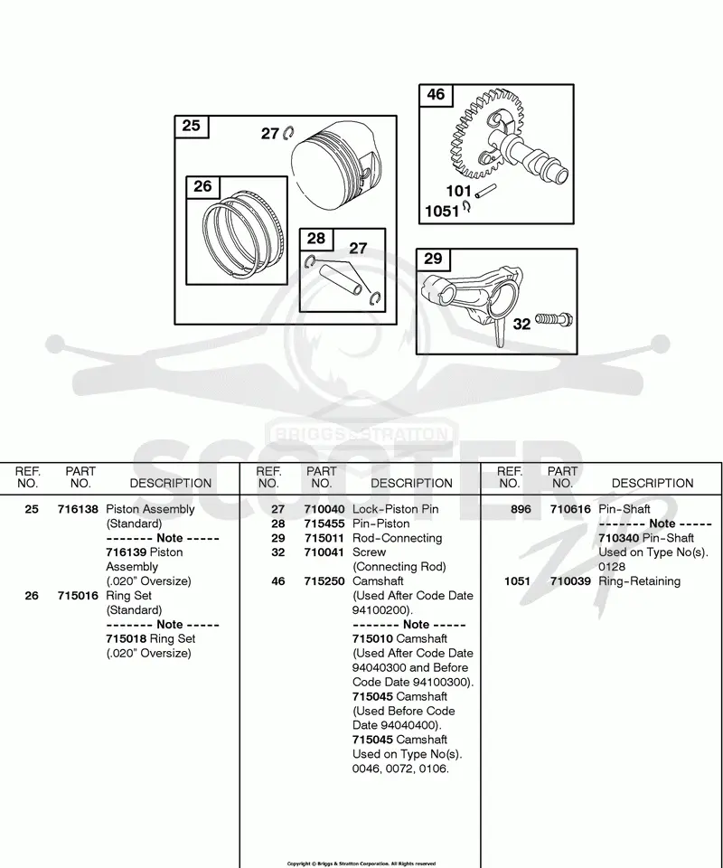 Camshaft, Piston, Rings, Connecting Rod