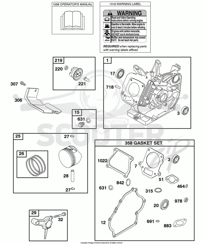 Cylinder, Gasket Set - Engine, Operators Manual, Piston, Rings, Connecting Rod, Warning Label