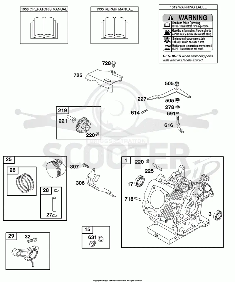 Cylinder, Operators Manual, Piston, Rings, Connecting Rod, Warning Label