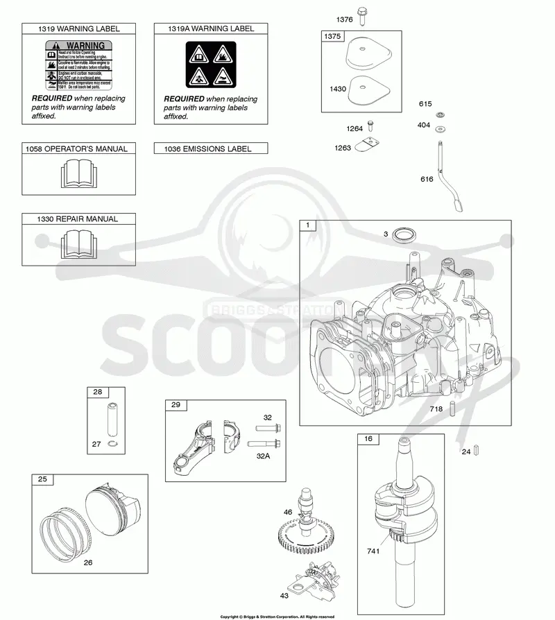 Camshaft, Crankshaft, Cylinder, Operators Manual, Piston/Rings/Connecting Rod, Warning Label