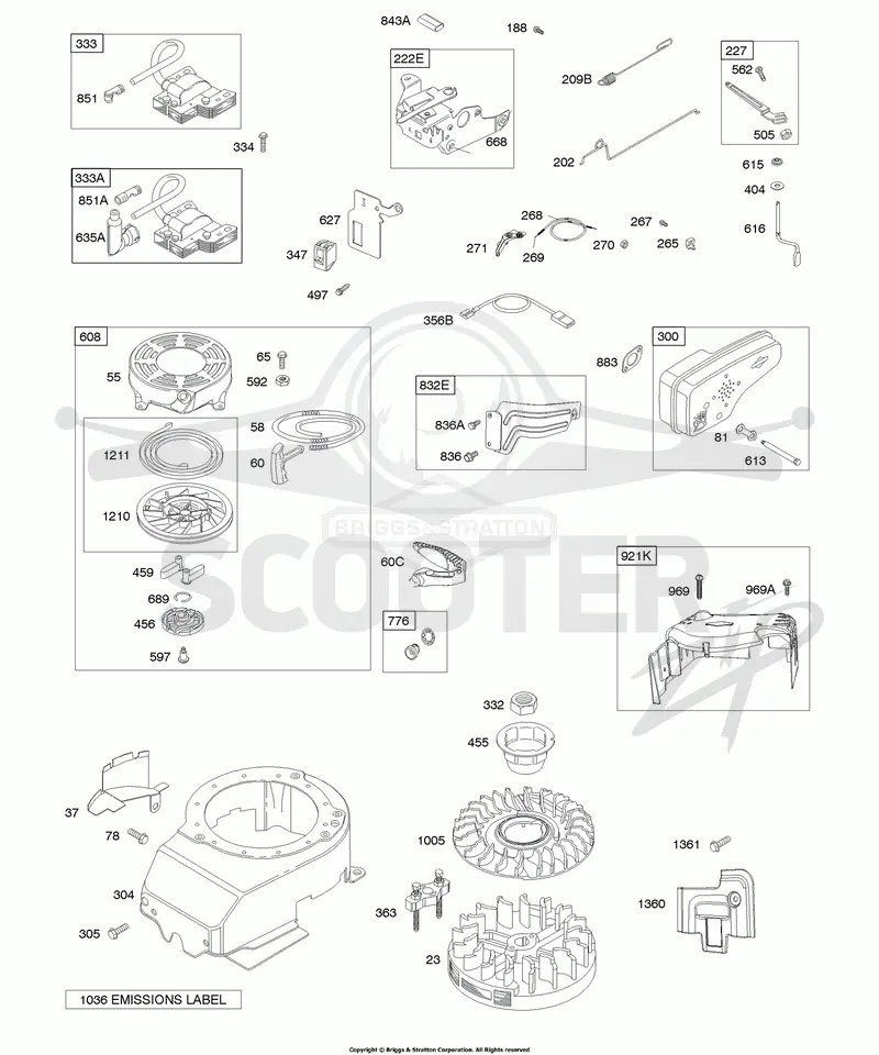 Blower Housing/Shrouds, Controls, Electrical, Exhaust System, Flywheel, Governor Spring, Ignition, Rewind Starter