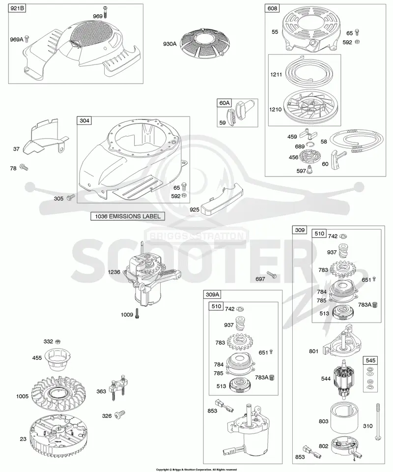 Blower Housing/Shroud, Electric Starter, Flywheel Group, Rewind Starter