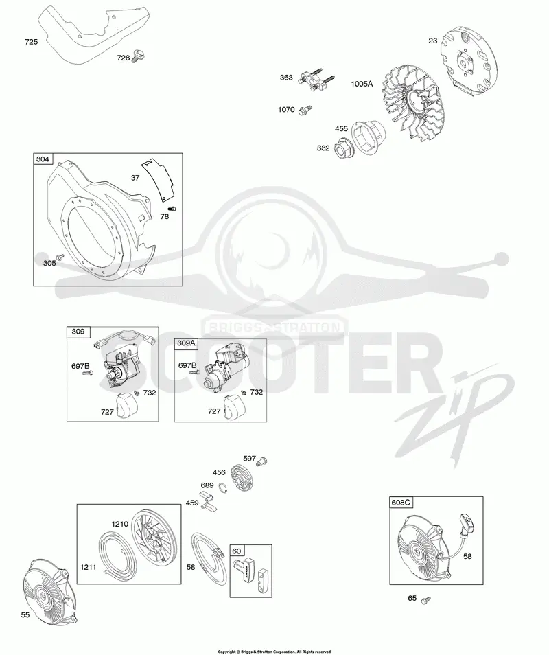 Blower Housing, Electric Starter, Flywheel, Rewind Starter