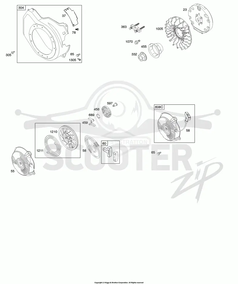 Blower Housing, Flywheel, Rewind Starter
