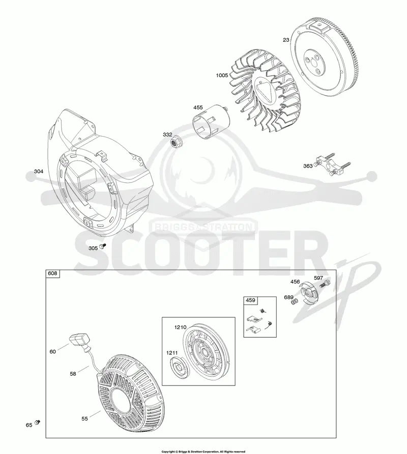 Blower Housing, Flywheel, Rewind Starter