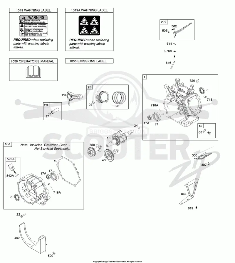 Camshaft, Crankcase Cover, Crankshaft, Cylinder, Exhaust Bracket, Operators Manual, Piston/Rings/Connecting Rod, Warning Label
