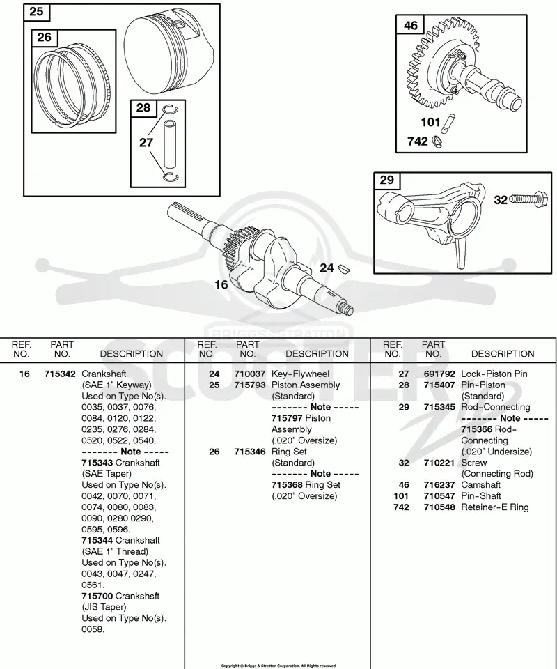 Camshaft, Crankshaft, Piston, Rings, Connecting Rod