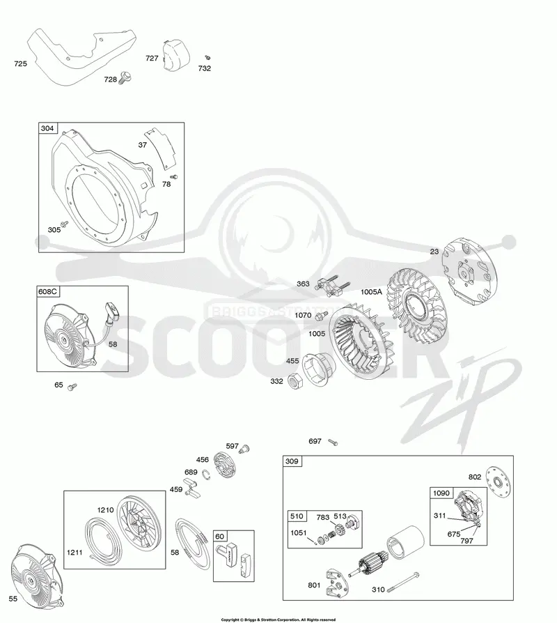 Blower Housing, Electric Starter, Flywheel, Rewind Starter