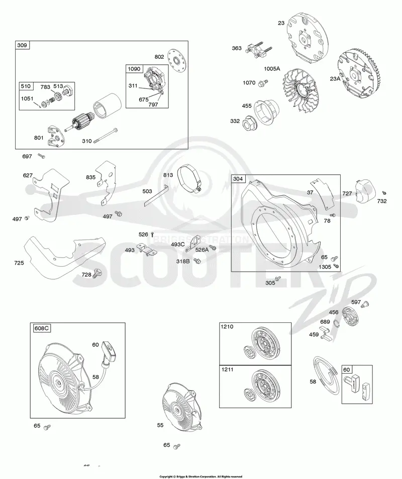 Blower Housing, Electric Starter, Flywheel, Rewind Starter