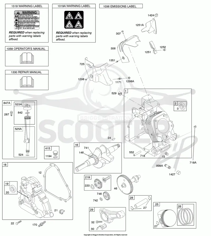 Camshaft, Crankcase Cover, Crankshaft, Cylinder, Lubrication, Operators Manual, Piston/Rings/Connecting Rod, Warning Label
