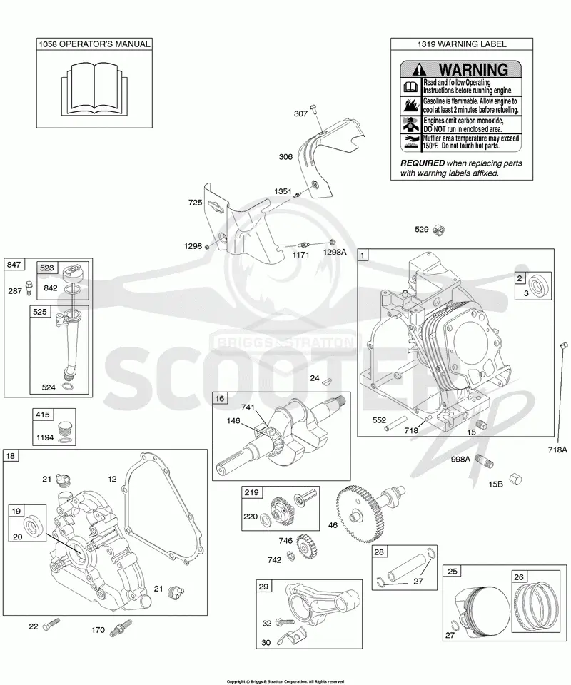 Camshaft, Crankcase Cover, Crankshaft, Cylinder, Lubrication, Operators Manual, Piston/Rings/Connecting Rod, Warning Label