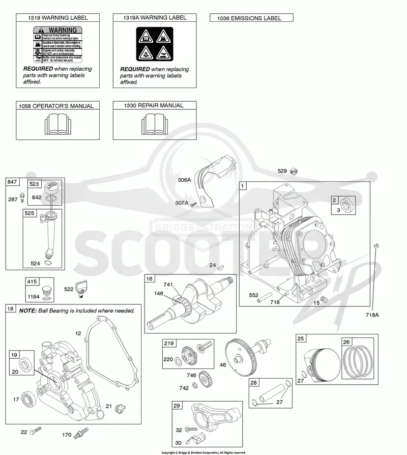 Camshaft, Crankcase Cover, Crankshaft, Cylinder, Lubrication, Operators Manual, Piston/Rings/Connecting Rod, Warning Label