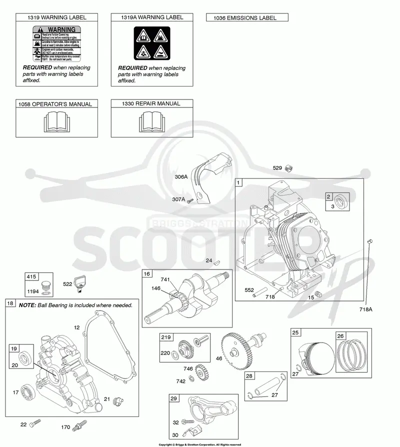 Camshaft, Crankcase Cover, Crankshaft, Cylinder, Lubrication, Operators Manual, Piston/Rings/Connecting Rod, Warning Label