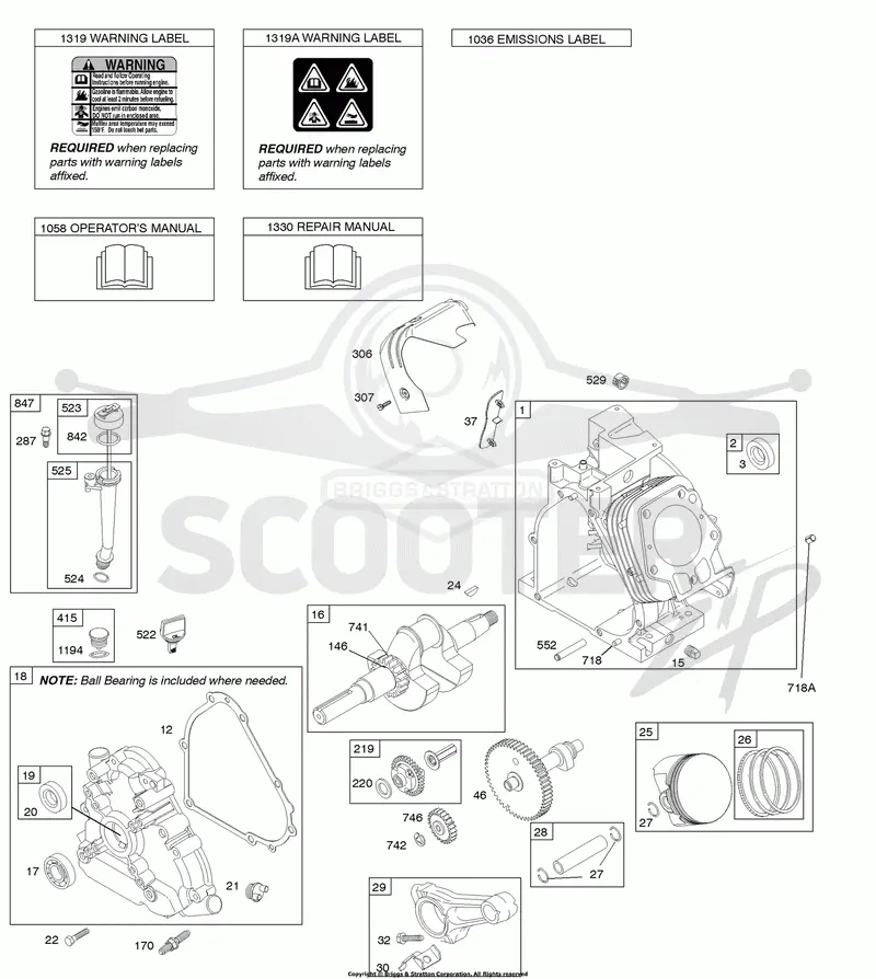 Camshaft, Crankcase Cover, Crankshaft, Cylinder, Lubrication, Operators Manual, Piston/Rings/Connecting Rod, Warning Label