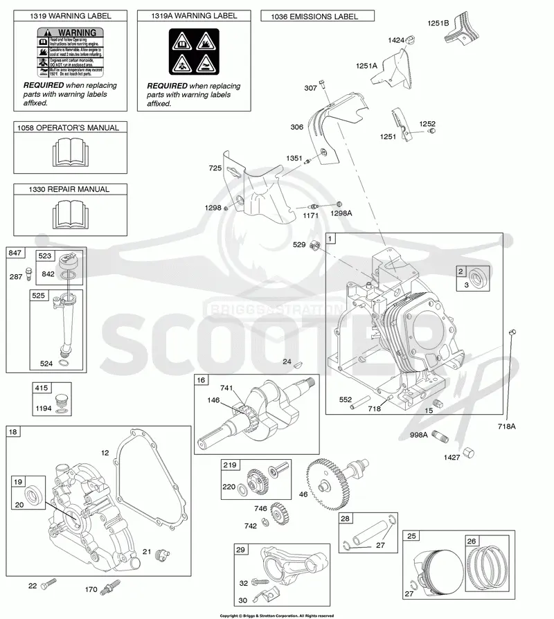 Camshaft, Crankcase Cover, Crankshaft, Cylinder, Lubrication, Operators Manual, Piston/Rings/Connecting Rod, Warning Label