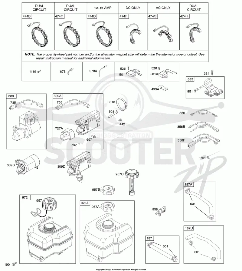 Alternator, Electric Starter, Fuel Supply, Ignition