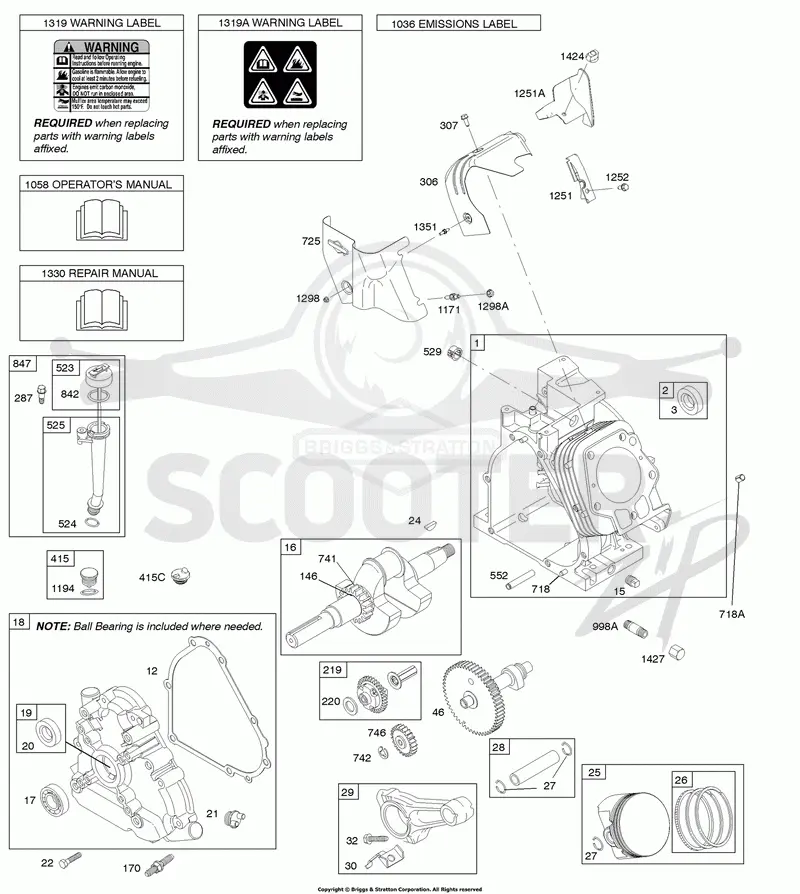 Camshaft, Crankcase Cover, Crankshaft, Cylinder, Lubrication, Operators Manual, Piston/Rings/Connecting Rod, Warning Label