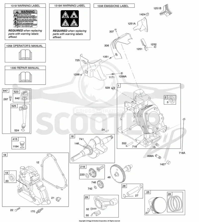 Camshaft, Crankcase Cover, Crankshaft, Cylinder, Lubrication, Operators Manual, Piston/Rings/Connecting Rod, Warning Label
