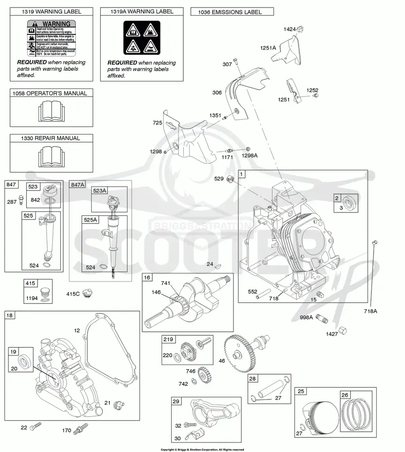 Camshaft, Crankcase Cover, Crankshaft, Cylinder, Lubrication, Operators Manual, Piston/Rings/Connecting Rod, Warning Label