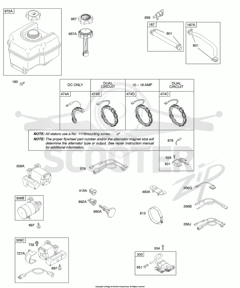 Alternator, Electric Starter, Fuel Supply, Ignition