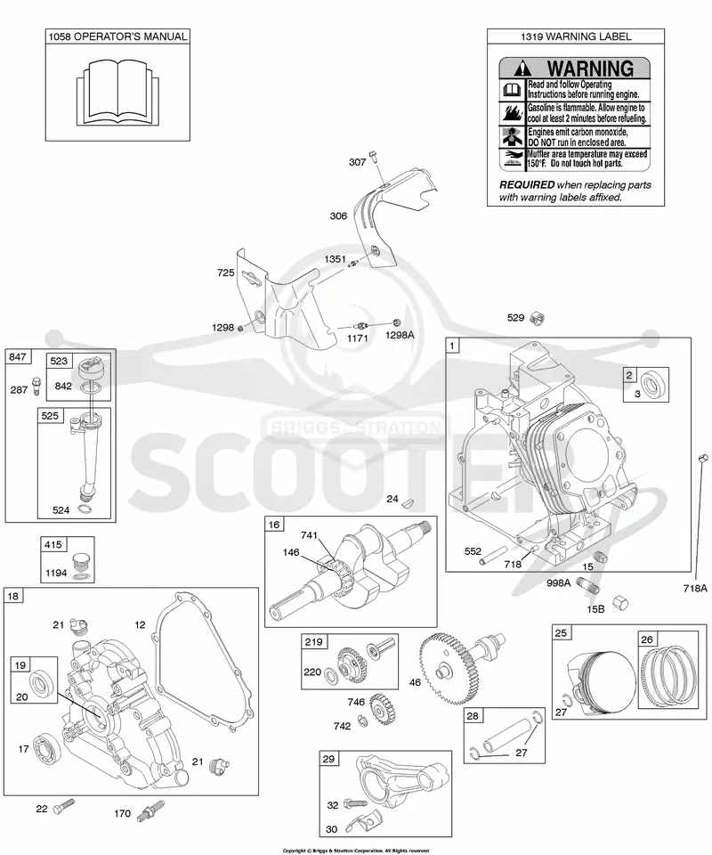 Camshaft, Crankcase Cover, Crankshaft, Cylinder, Lubrication, Operators Manual, Piston/Rings/Connecting Rod, Warning Label