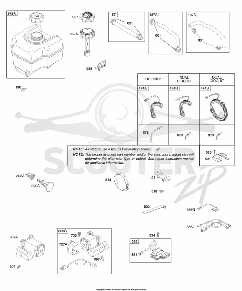 Alternator, Electric Starter, Fuel Supply, Ignition
