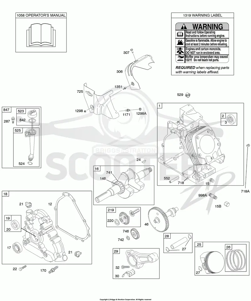 Camshaft, Crankcase Cover, Crankshaft, Cylinder, Lubrication, Operators Manual, Piston/Rings/Connecting Rod, Warning Label