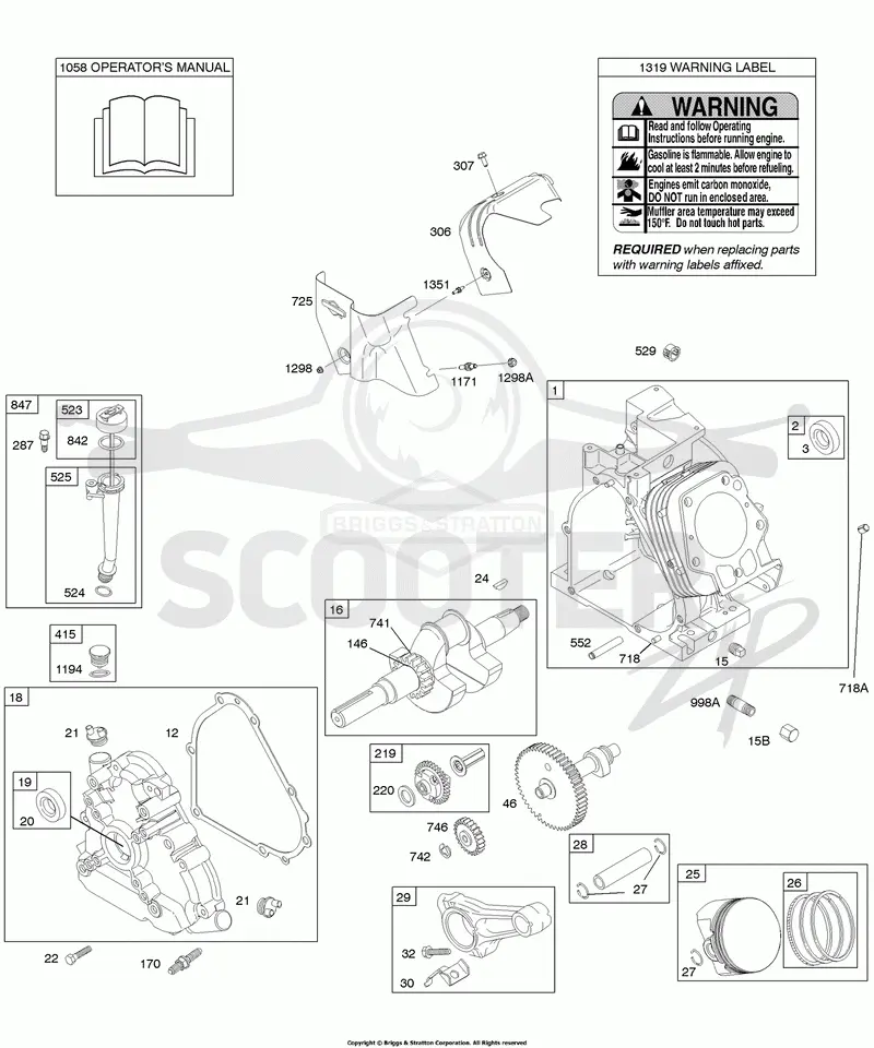 Camshaft, Crankcase Cover, Crankshaft, Cylinder, Lubrication, Operators Manual, Piston/Rings/Connecting Rod, Warning Label