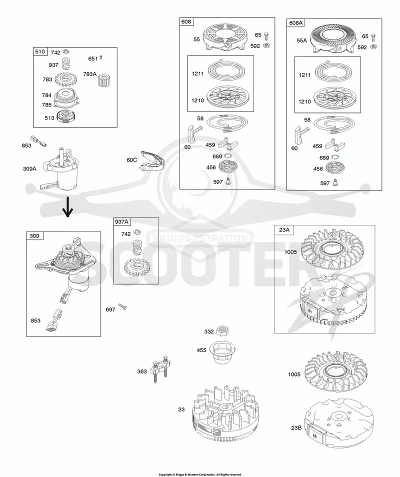 Electric Starter, Flywheel, Rewind Starter