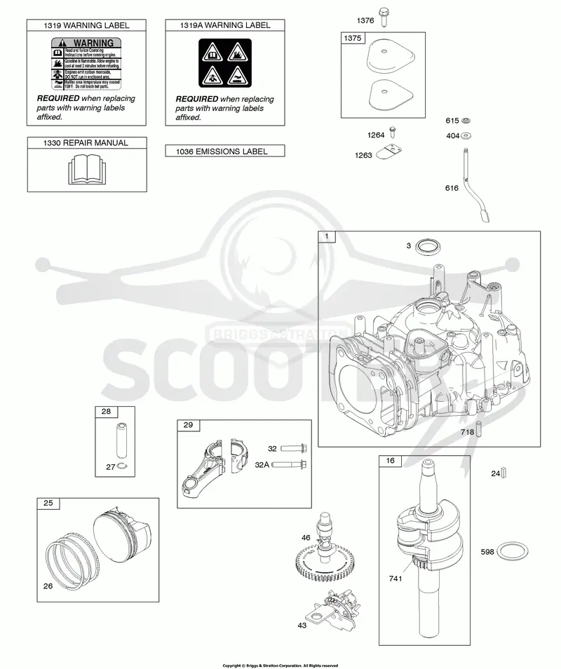 Camshaft, Crankshaft, Cylinder, Operators Manual, Piston/Rings/Connecting Rod, Warning Label