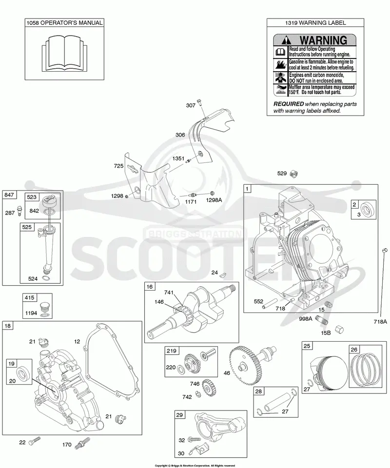 Camshaft, Crankcase Cover, Crankshaft, Cylinder, Lubrication, Operators Manual, Piston/Rings/Connecting Rod, Warning Label