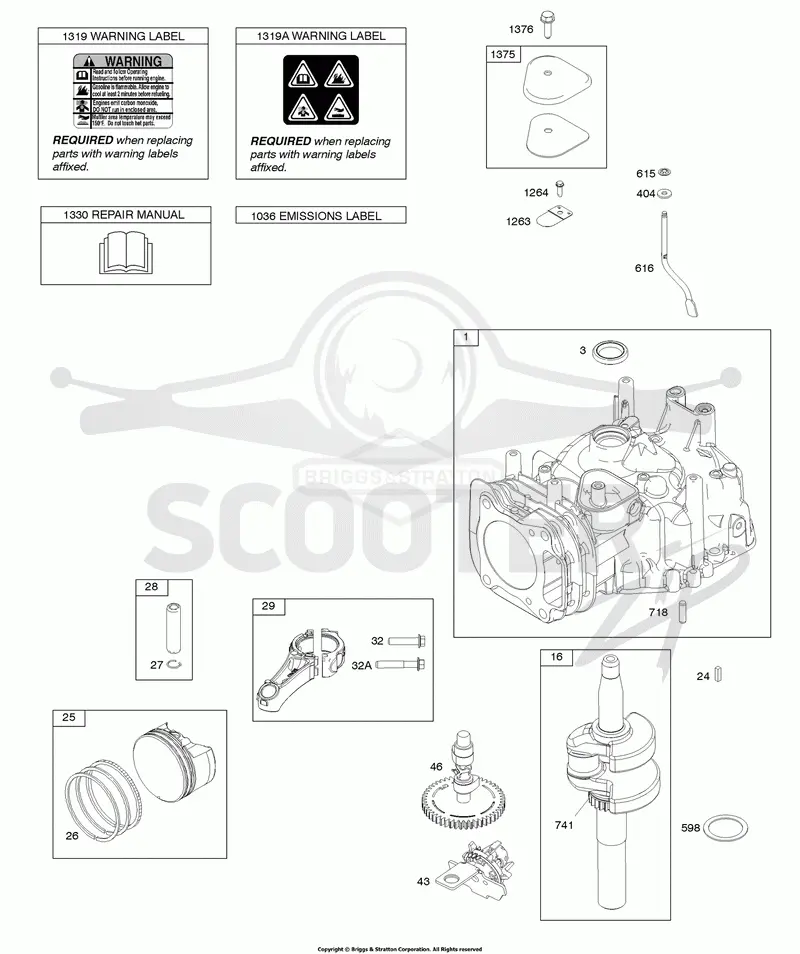 Camshaft, Crankshaft, Cylinder, Operators Manual, Piston/Rings/Connecting Rod, Warning Label