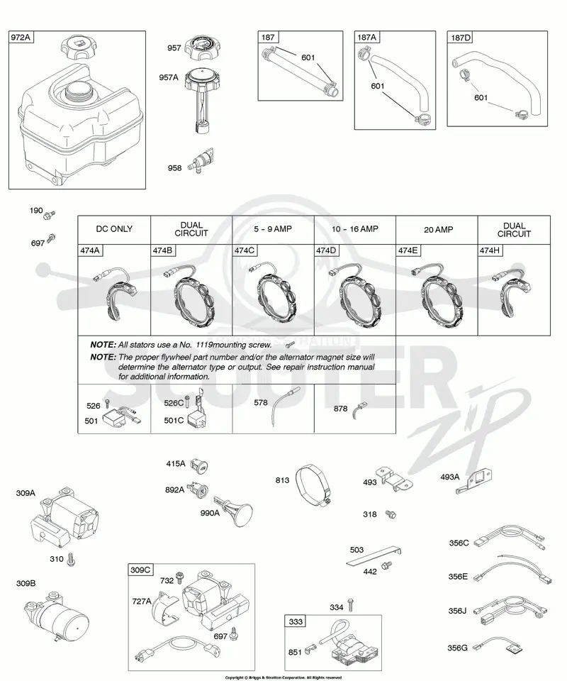 Alternator, Electric Starter, Fuel Supply, Ignition