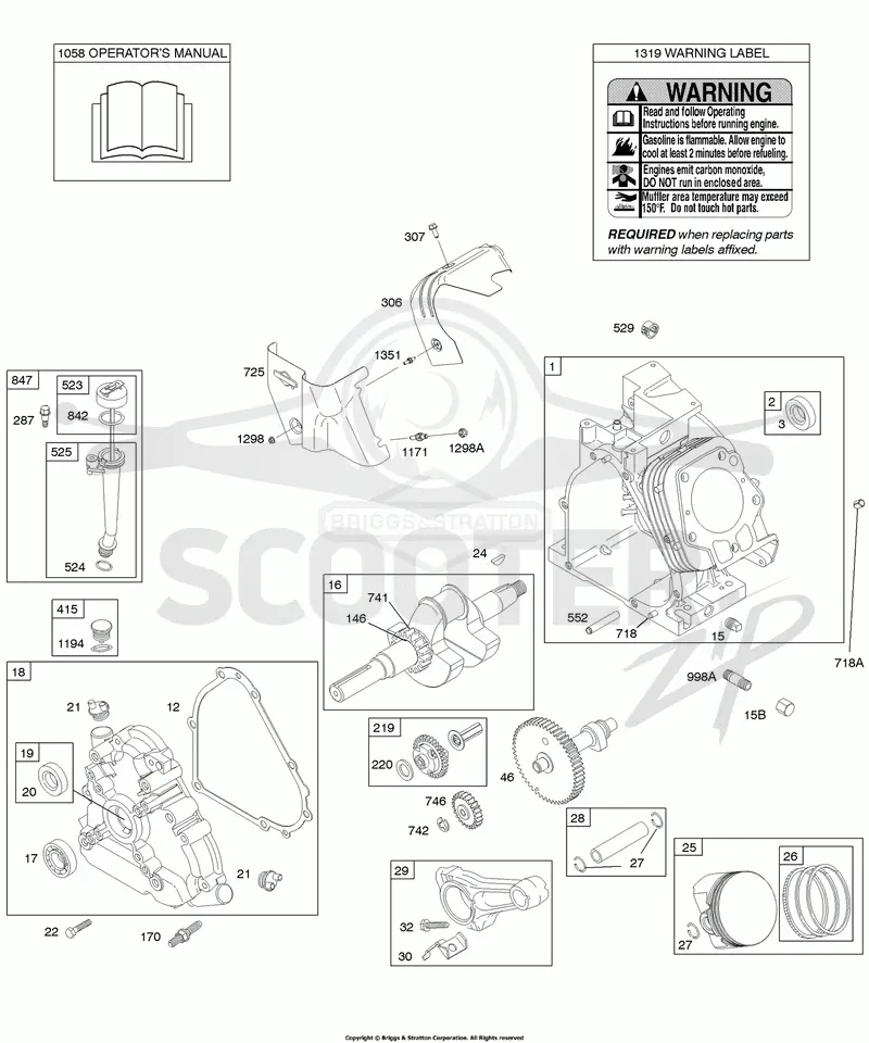 Camshaft, Crankcase Cover, Crankshaft, Cylinder, Lubrication, Operators Manual, Piston/Rings/Connecting Rod, Warning Label