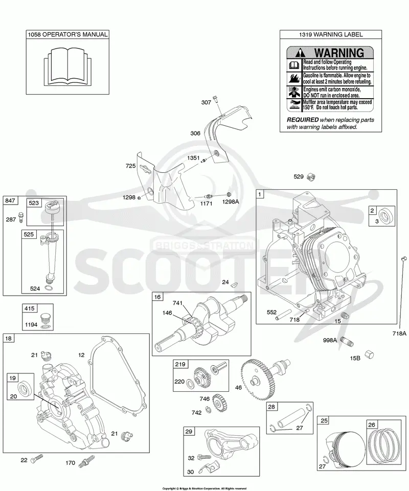Camshaft, Crankcase Cover, Crankshaft, Cylinder, Lubrication, Operators Manual, Piston/Rings/Connecting Rod, Warning Label
