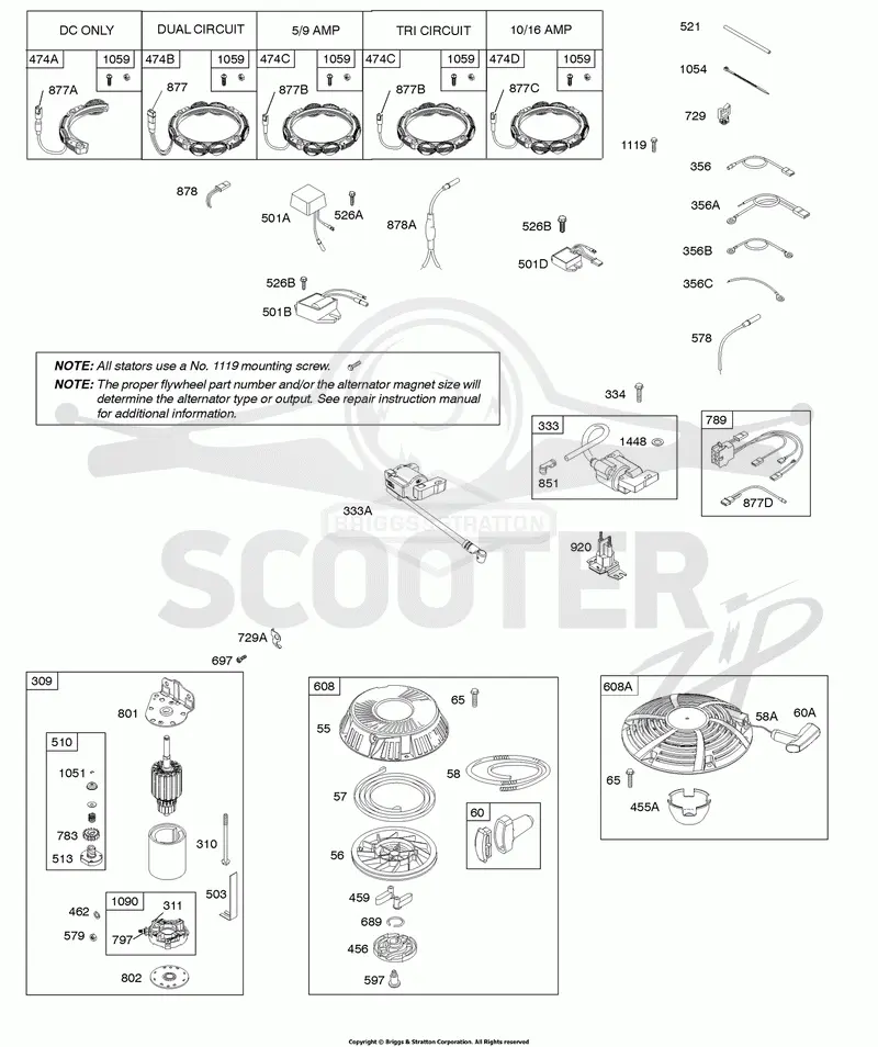 Alternator, Electric Starter, Ignition, Rewind Starter