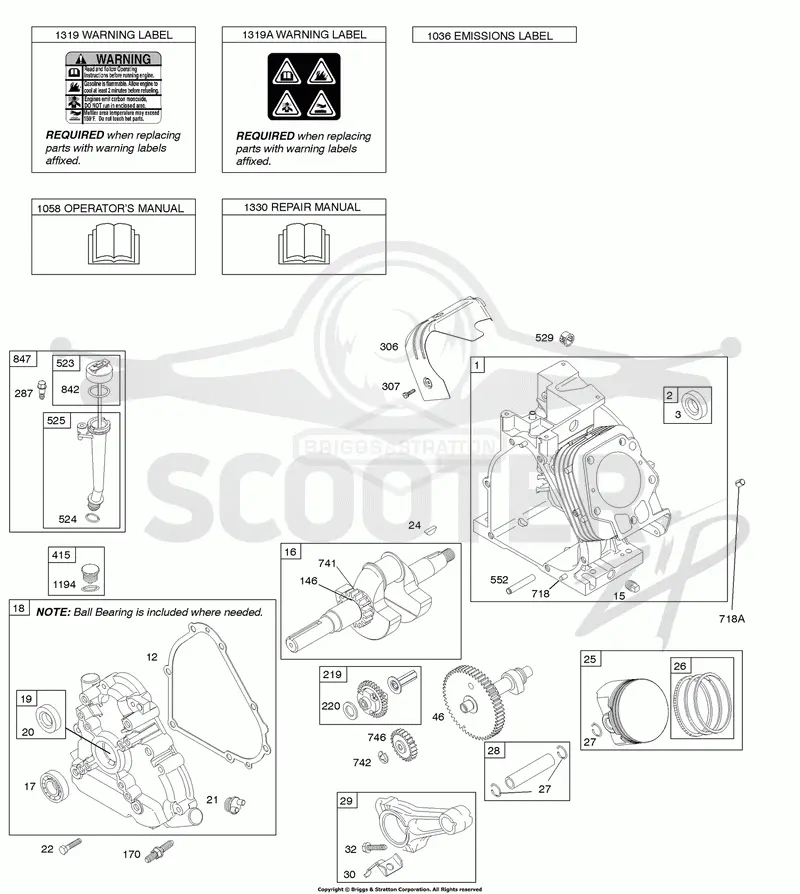 Camshaft, Crankcase Cover, Crankshaft, Cylinder, Lubrication, Operators Manual, Piston/Rings/Connecting Rod, Warning Label